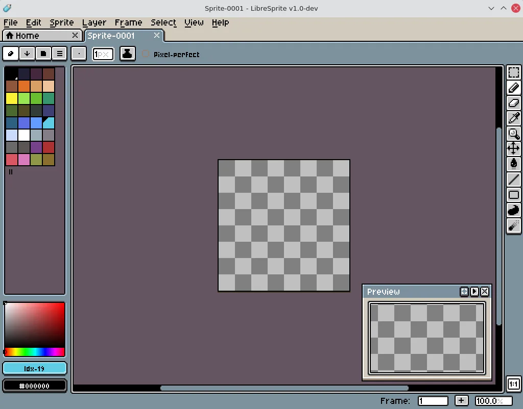 LibreSprite desktop window showing a sprite canvas, timeline, and tool panels.