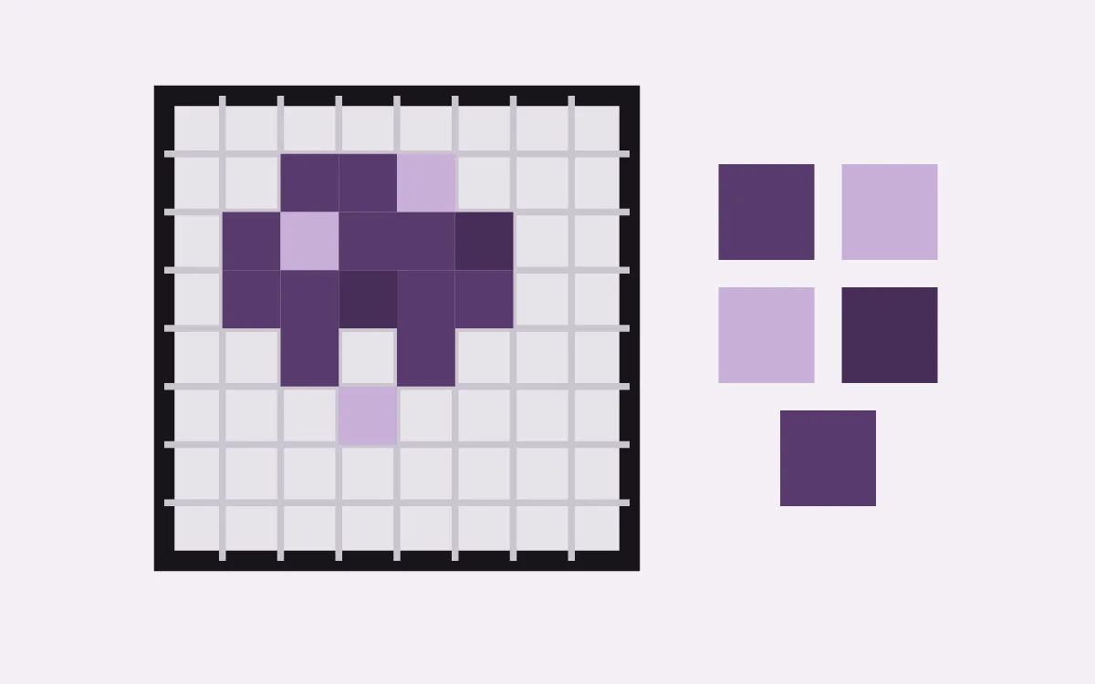 Pixel-grid panel with umber sprite cells and stacked colour squares on pixel-ink paper.
