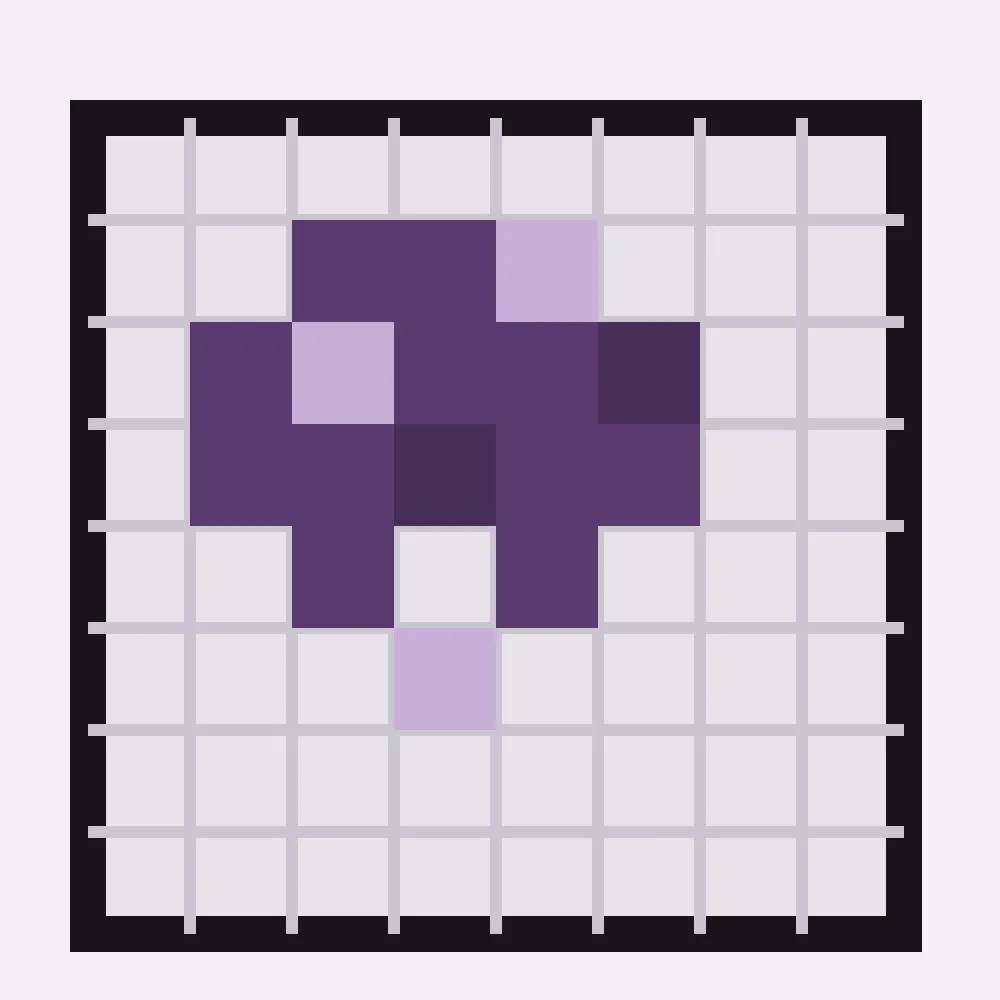 Close detail of the pixel-grid mark with umber sprite cells and accent squares.