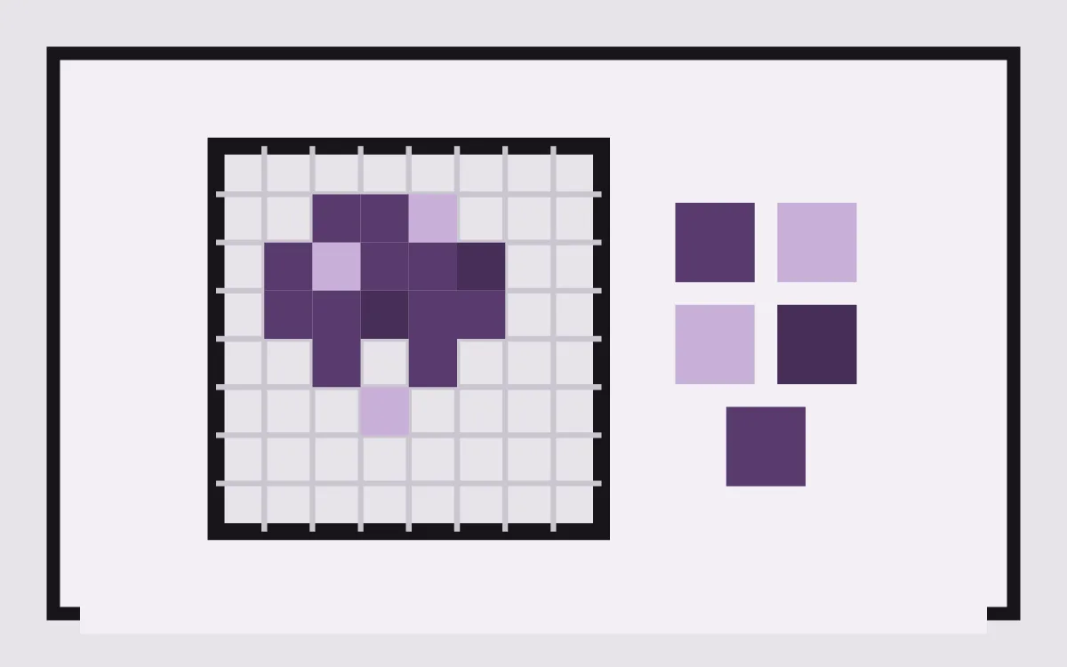 Framed pixel-grid panel with umber and sand cells on a soft lavender field.